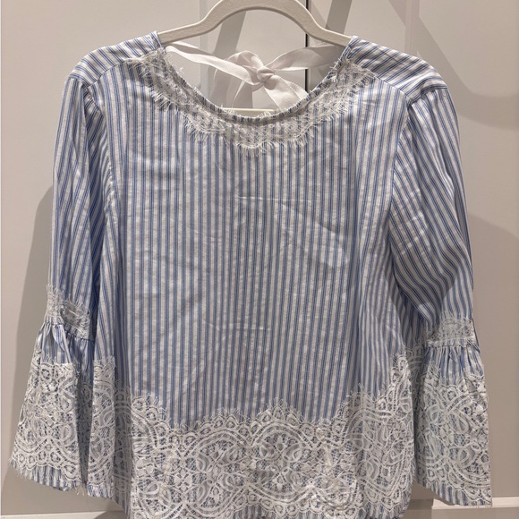 Zara Blue and White Striped Blouse with Lace Detail - Picture 3 of 7